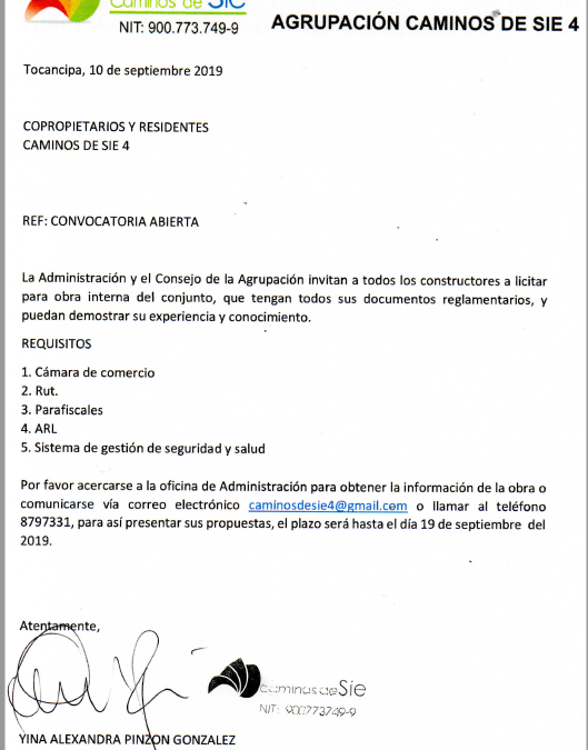 CONVOCATORIA ABIERTA OBRA PORTERÍA